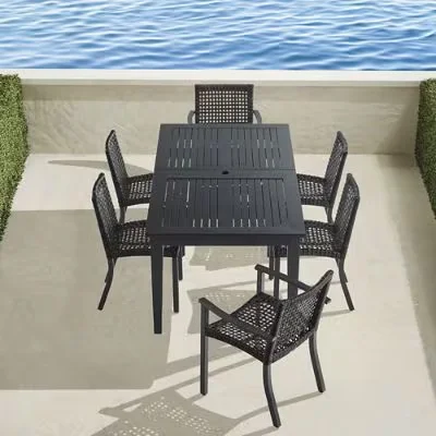 Isola 7-Pc. Rectangular Dining Set In Black Aluminum & Black Walnut Wicker