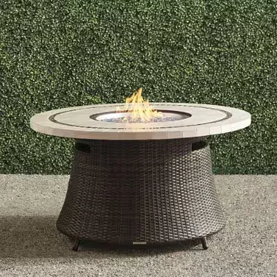 Wicker Fire Table In Bronze With Stone Top